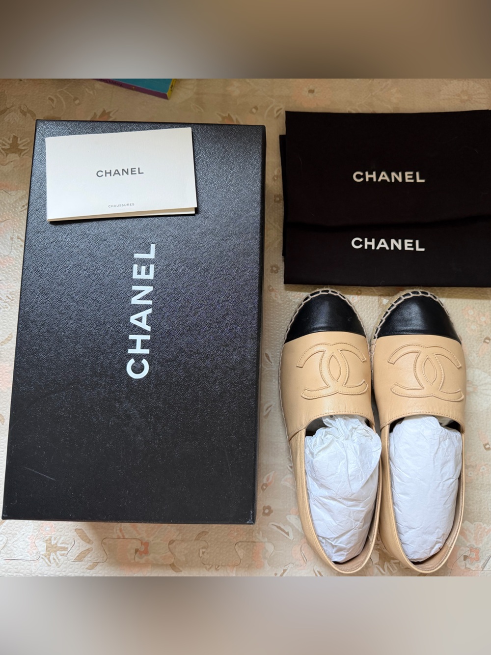 CHANEL Beige Leather Espadrilles with Black Cap-Toes